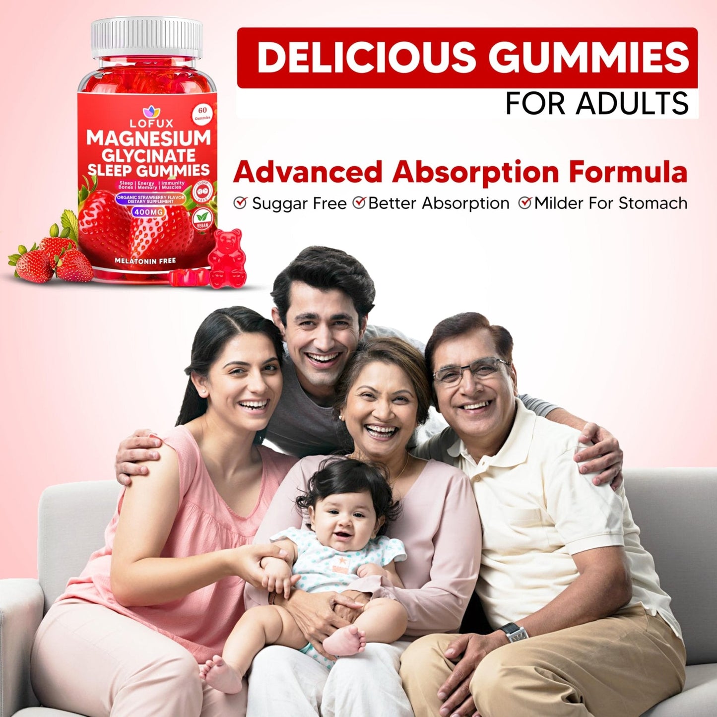 Lofux Magnesium Glycinate Gummies 400mg, Sugar Free Magnesium Gummies for Adults Women, Men, Chewable Supplement Gummy with L-Threonate, Vitamin D, B6, CoQ10 - PrimeBioHealth - canada supplements
