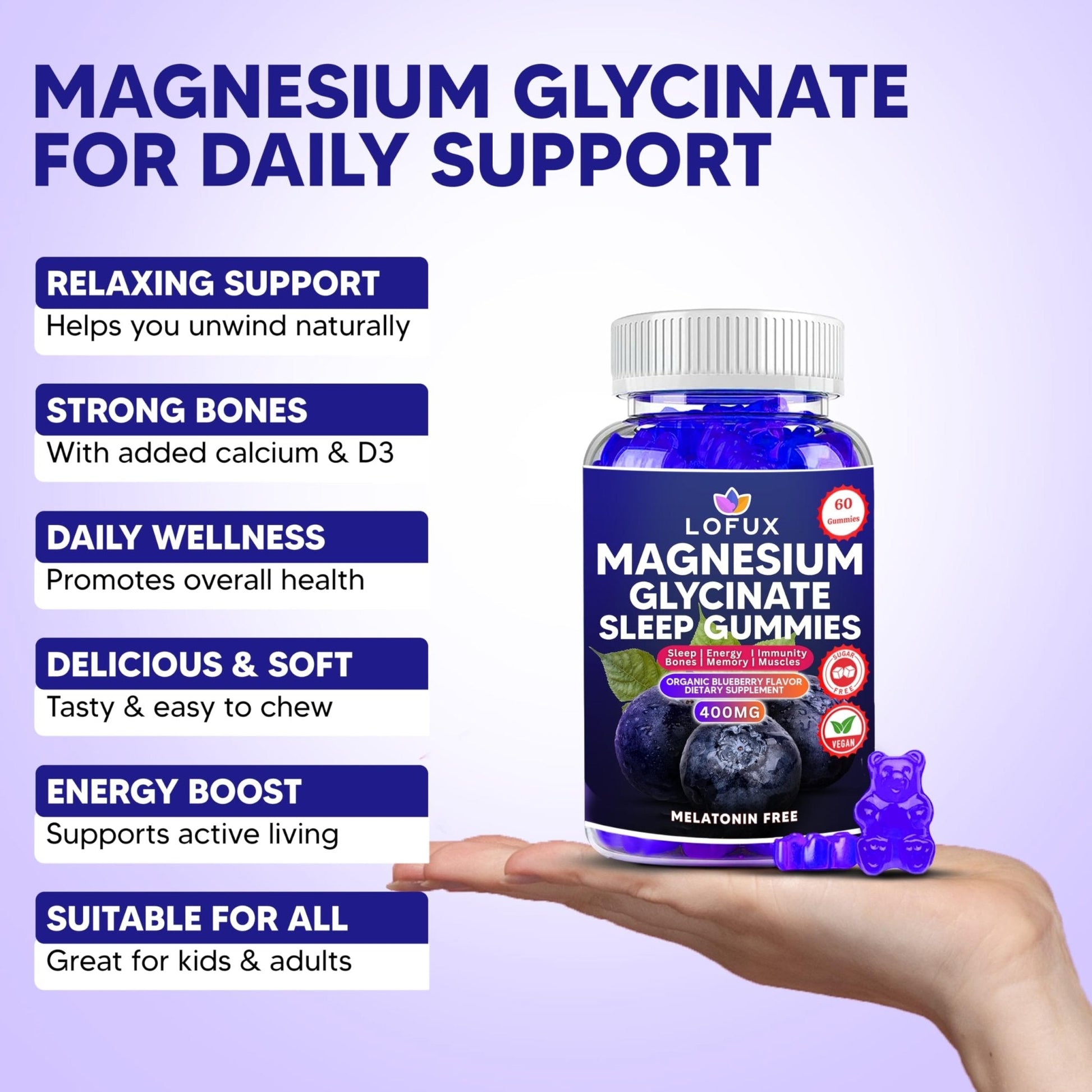 Lofux Magnesium Glycinate Gummies 400mg, Sugar Free Magnesium Gummies for Adults Women, Men, Chewable Supplement Gummy with L-Threonate, Vitamin D, B6, CoQ10 - PrimeBioHealth - canada supplements