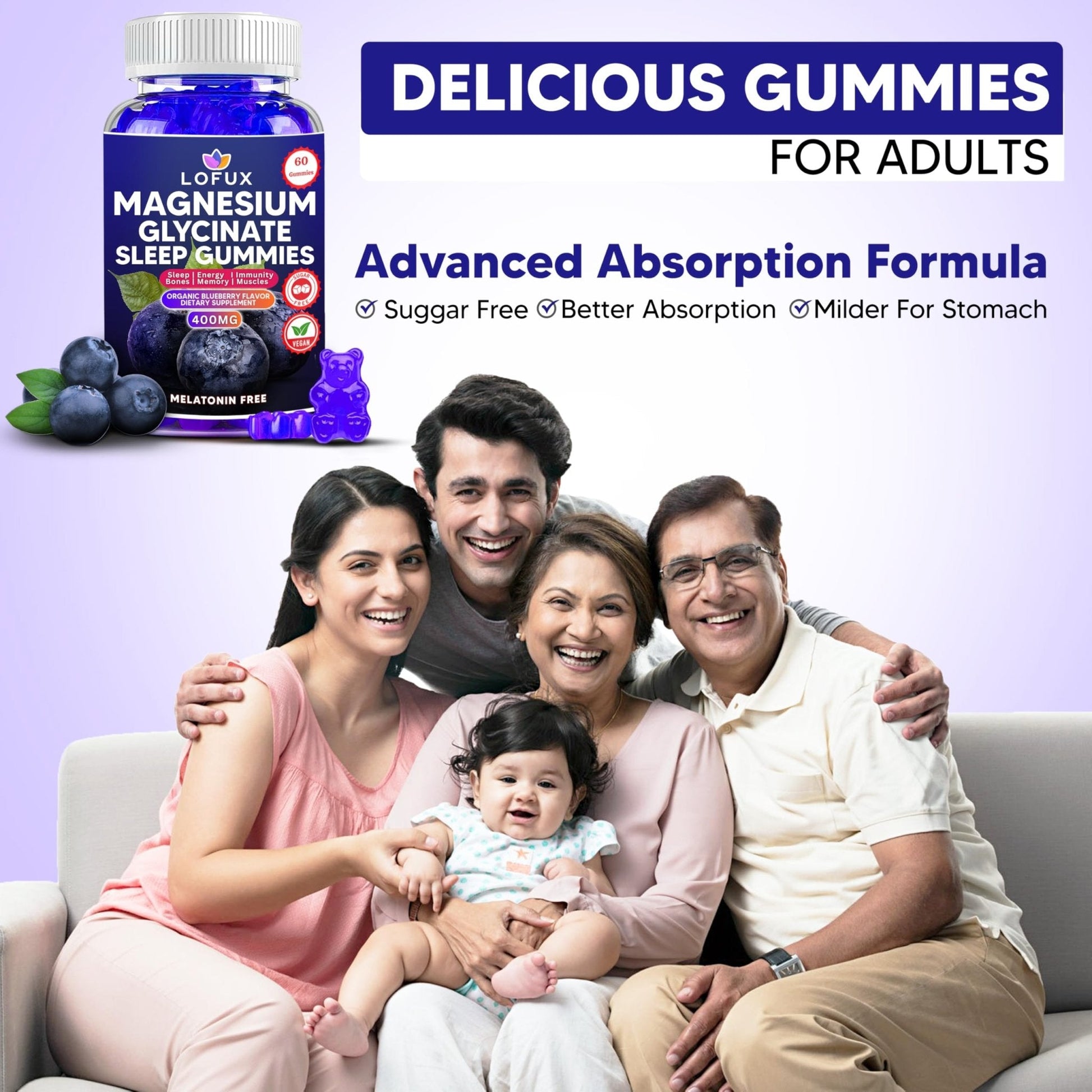 Lofux Magnesium Glycinate Gummies 400mg, Sugar Free Magnesium Gummies for Adults Women, Men, Chewable Supplement Gummy with L-Threonate, Vitamin D, B6, CoQ10 - PrimeBioHealth - canada supplements