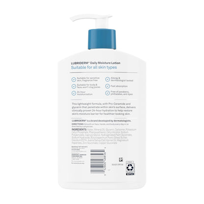 Lubriderm Fragrance Free Daily Moisture Lotion + Pro-Ceramide, Shea Butter & Glycerin, Face, Hand & Body Lotion for Sensitive Skin - PrimeBioHealth - canada supplements