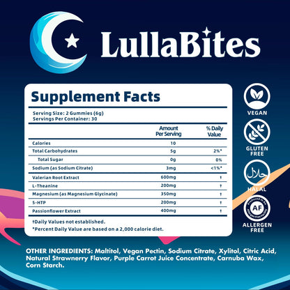 LullaBites - Natural Sleep Gummies - Made in USA - With 5-HTP, L-Theanine, Magnesium & Valerian Root - Melatonin Free - Vegan - Halal - Sugar, Gluten Free - Sweet Strawberry - PrimeBioHealth - canada supplements
