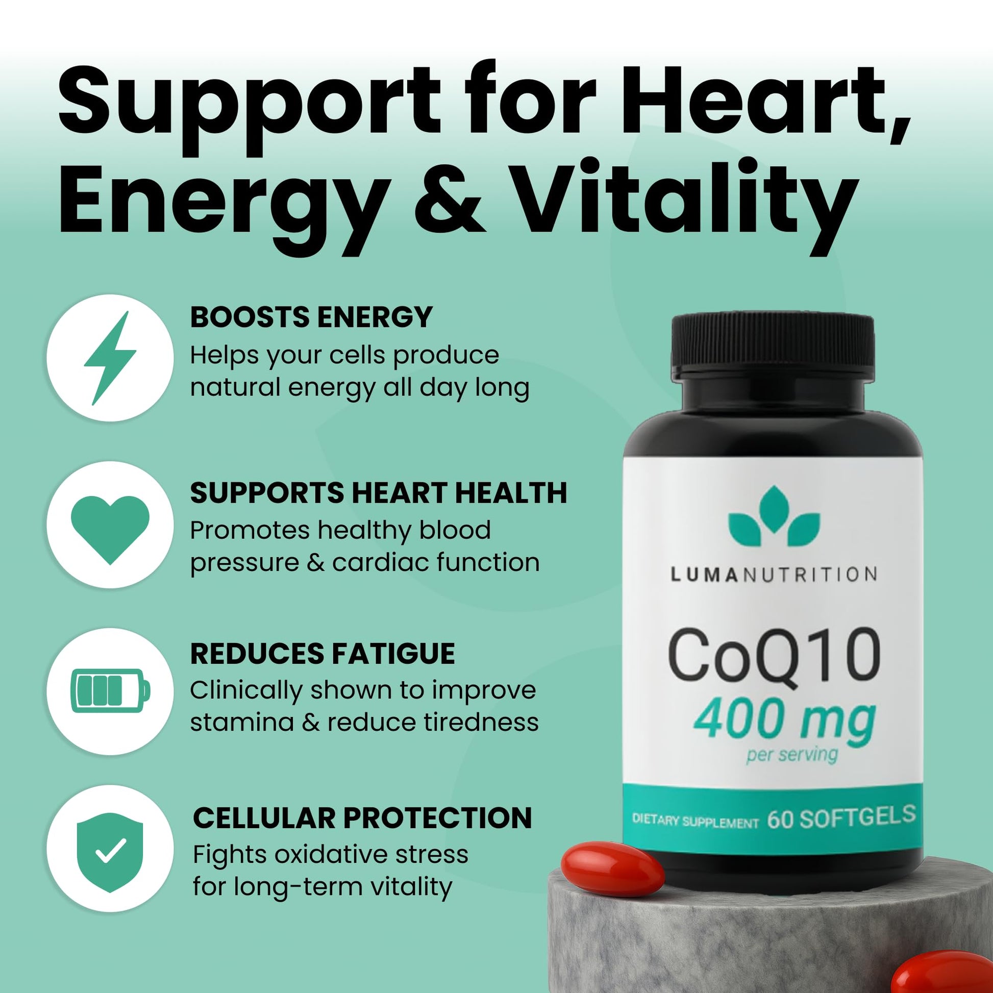 Luma Nutrition CoQ10 400mg Softgels - High-Absorption Coenzyme Q10 - Co Q-10 200mg / 400mg Per Serving - Heart Health - 60 Liquid Softgels - PrimeBioHealth - canada supplements