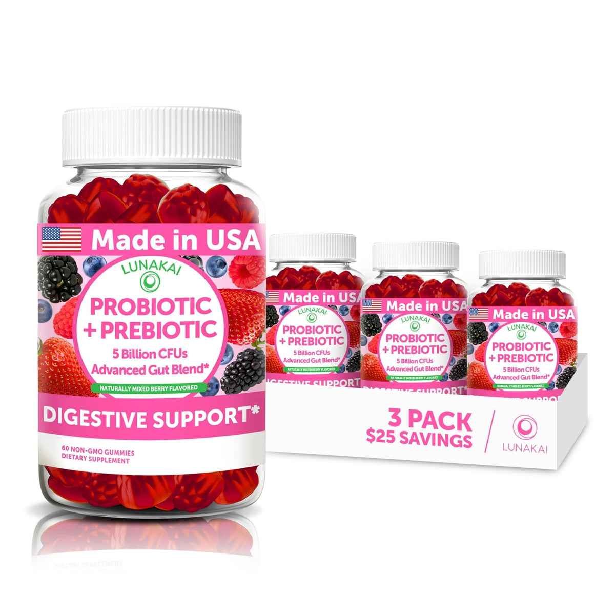 Lunakai USA Made Prebiotic + Probiotic Gummies for Women and Men - High Potency 5 Billion CFUs with Fibers - Non-GMO Gut Health Support - 3 Pack - PrimeBioHealth - canada supplements