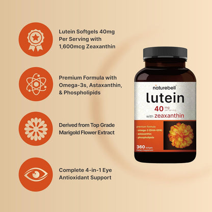 Lutein 40mg + Zeaxanthin 1,600mcg, 360 Softgels | 4-in-1 Formula with Astaxanthin, Omega-3 & Phospholipids | Marigold Flower Extract | Supports Eye, Brain & Vision Health | Non-GMO, Gluten Free - PrimeBioHealth - canada supplements