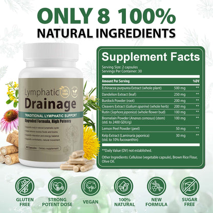 Lymphatic Drainage Capsules Natural Herbal Supplement for Immune Health & Fluid Balance, with Echinacea, Dandelion, and Burdock 60 Capsules - PrimeBioHealth - canada supplements