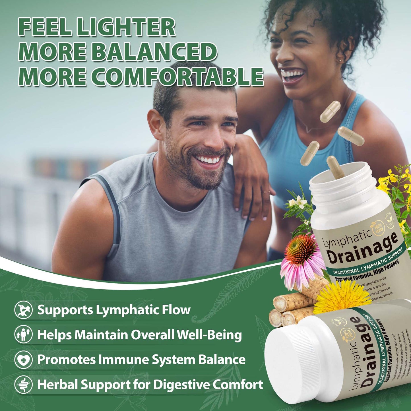 Lymphatic Drainage Capsules Natural Herbal Supplement for Immune Health & Fluid Balance, with Echinacea, Dandelion, and Burdock 60 Capsules - PrimeBioHealth - canada supplements