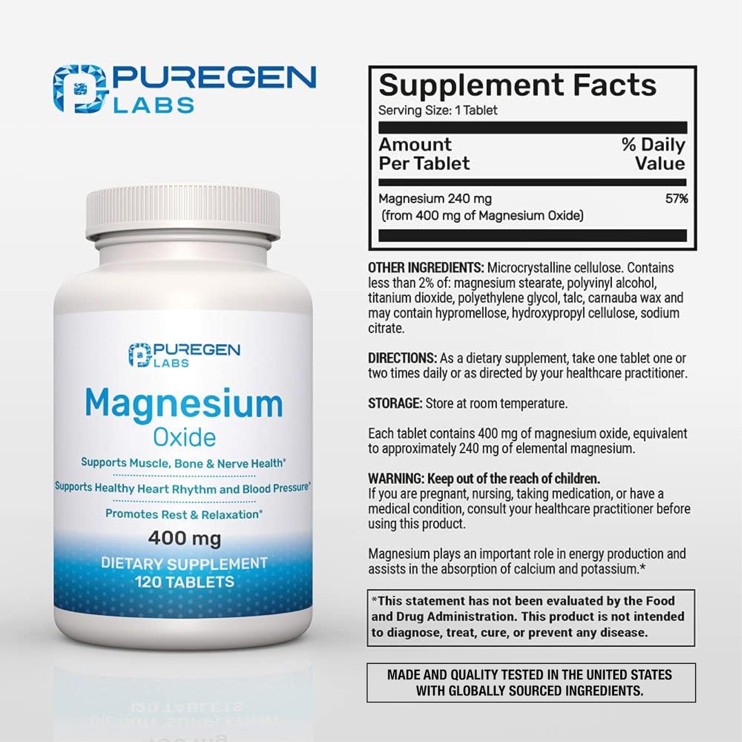 Magnesium 400mg [High Potency] Supplement – Magnesium Oxide for Immune Support, Muscle Recovery, Leg Cramps and Relaxation 120 Tablets - PrimeBioHealth - canada supplements