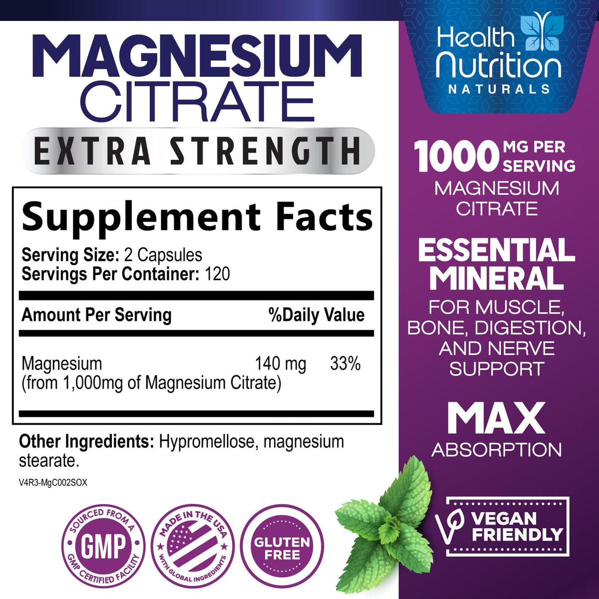 Magnesium Citrate 1000mg Per Serving - Max Absorption Magnesium Powder Capsules for Muscle, Nerve, Bone and Heart Health Support, High Absorption Citrate Complex - PrimeBioHealth - canada supplements