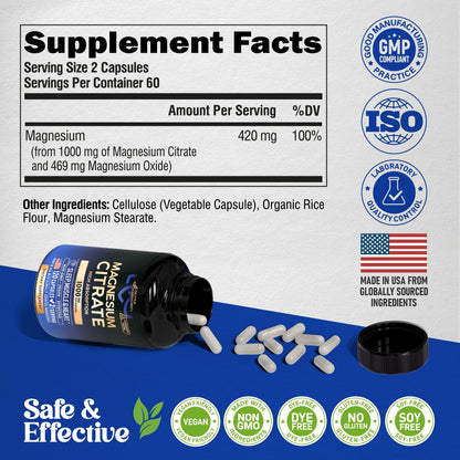 Magnesium Citrate Capsules 1000mg | High Absorption Supplement - Sleep, Muscle & Heart Support - Vegan | Non-GMO - Made in USA - As Powder - PrimeBioHealth - canada supplements