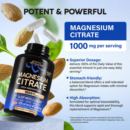 Magnesium Citrate Capsules 1000mg | High Absorption Supplement - Sleep, Muscle & Heart Support - Vegan | Non-GMO - Made in USA - As Powder - PrimeBioHealth - canada supplements