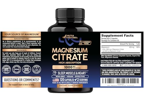Magnesium Citrate Capsules 1000mg | High Absorption Supplement - Sleep, Muscle & Heart Support - Vegan | Non-GMO - Made in USA - As Powder - PrimeBioHealth - canada supplements