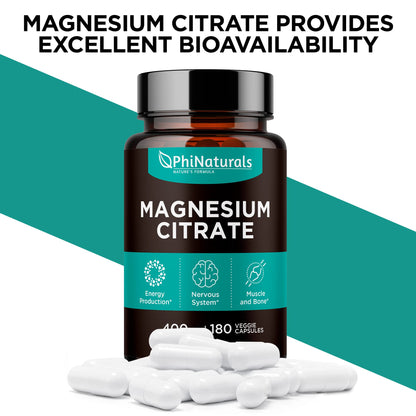 Magnesium Citrate Powder Capsules 400mg - 180 Count Veg Caps - PhiNaturals Supplements - Nervous System Support and Enzyme Function - PrimeBioHealth - canada supplements