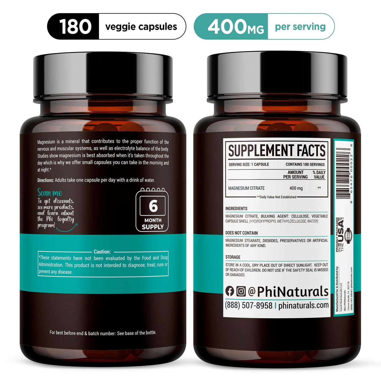 Magnesium Citrate Powder Capsules 400mg - 180 Count Veg Caps - PhiNaturals Supplements - Nervous System Support and Enzyme Function - PrimeBioHealth - canada supplements