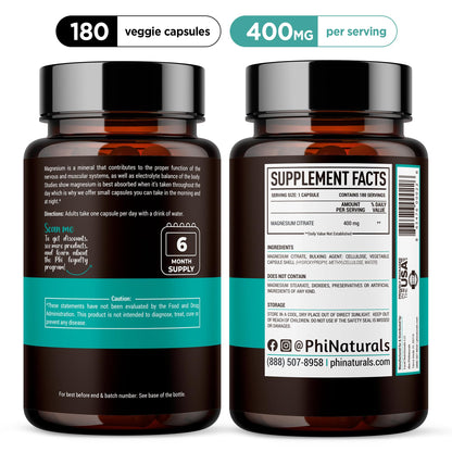 Magnesium Citrate Powder Capsules 400mg - 180 Count Veg Caps - PhiNaturals Supplements - Nervous System Support and Enzyme Function - PrimeBioHealth - canada supplements