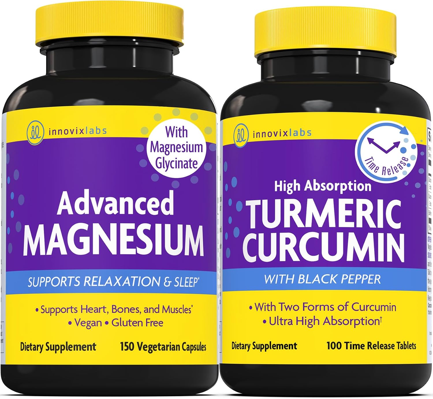 Magnesium & Curcumin Bundle: InnovixLabs Advanced Magnesium (150 Time-Release Capsules) InnovixLabs Turmeric Curcumin (100 Time-Release Tablets). Promotes Relaxation, Bones, Muscle and Immune Health.* - PrimeBioHealth - canada supplements