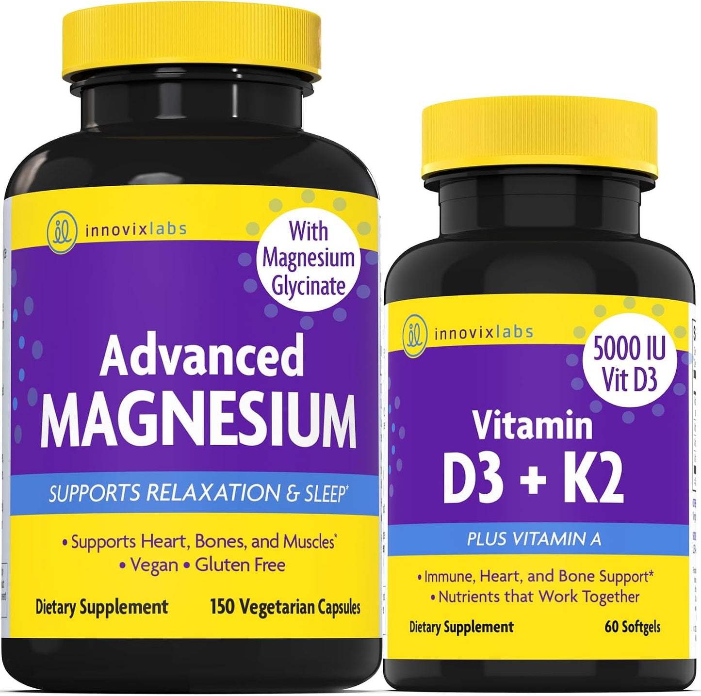 Magnesium & D3 Bundle: InnovixLabs Advanced Magnesium (150 Time-Release Capsules) and InnovixLabs Vitamin D3 +K2 Supplement (60 Softgels). Optimal Calcium Absorption, Supports Bone and Immune Health.* - PrimeBioHealth - canada supplements