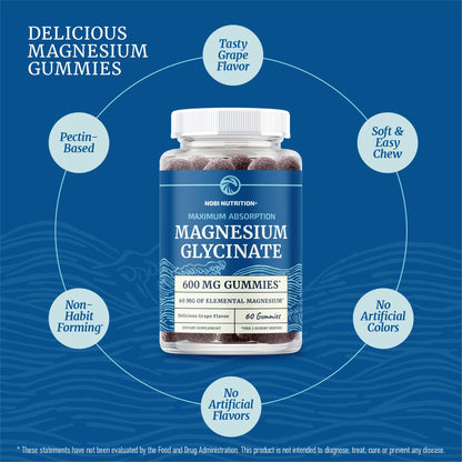 Magnesium Glycinate Gummies 600MG | Sleep, Calm & Relaxation Support | 60MG Elemental Mag Per Serving | Grape Flavor, Gluten-Free | High Absorption Magnesium Gummies for Women, Men & Family | 60 Ct - PrimeBioHealth - canada supplements