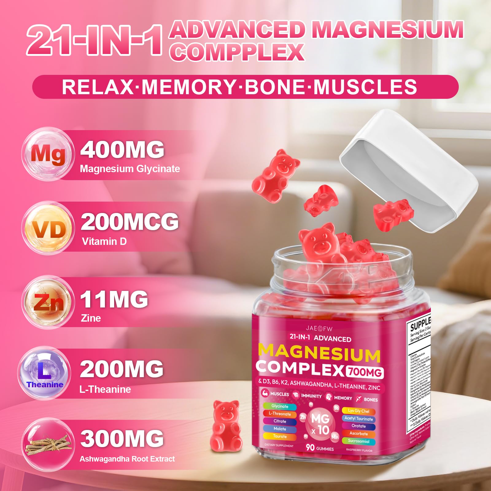 Magnesium Glycinate Gummies 700MG - 21-in-1 Advanced Magnesium Supplement with Ashwagandha, L-Theanine, Zinc, Vitamin - Sugar Free Magnesium Gummies for zzZ - PrimeBioHealth - canada supplements