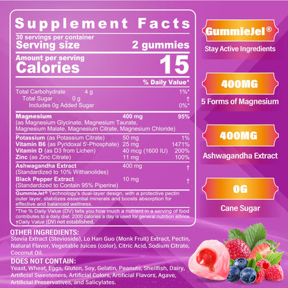 Magnesium Glycinate Gummies for Adults – 400mg Magnesium Complex w/5 Forms of Magnesium (Citrate Malate Taurate Chloride), Ashwagandha, D3 & Zinc – Sugar Free Calm Mood & Muscle Support, Vegan, 60Cts - PrimeBioHealth - canada supplements