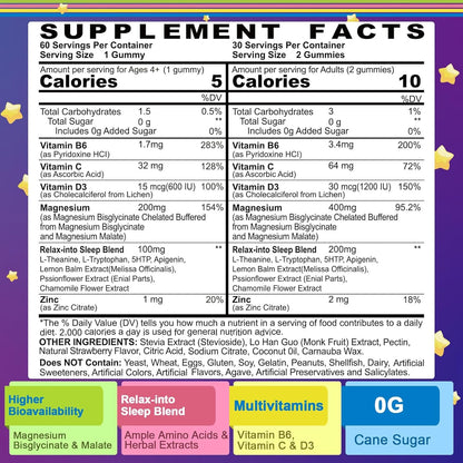 Magnesium Glycinate Gummies for Adults & Kids 4+, Sugar Free Magnesium Bisglycinate Supplement 400/200mg with B6D3, L-Theanine for Sleep & Relaxation, Brain, Muscle, Melatonin Free Gummies,2Pack - PrimeBioHealth - canada supplements