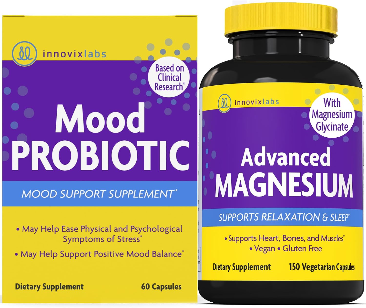 Magnesium & Mood Bundle: InnovixLabs Advanced Magnesium (150 Time-Release Capsules) and InnovixLabs Mood Probiotic (60 Capsules). Helps Promotes Relaxation and Healthy Mood. * - PrimeBioHealth - canada supplements