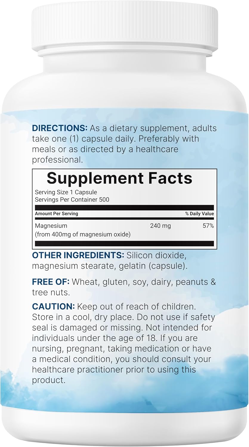 Magnesium Oxide 400mg, 500 Capsules | Elemental Form for Max Concentration | Supports Calm, Muscle & Nerve Health | Non-GMO - PrimeBioHealth - canada supplements