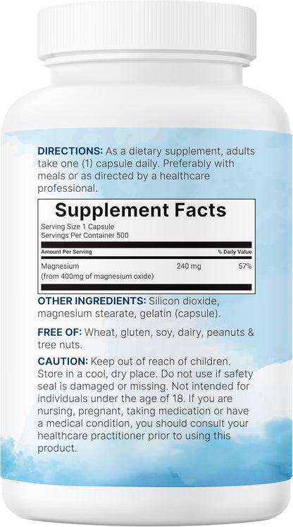 Magnesium Oxide 400mg, 500 Capsules | Elemental Form for Max Concentration | Supports Calm, Muscle & Nerve Health | Non-GMO - PrimeBioHealth - canada supplements