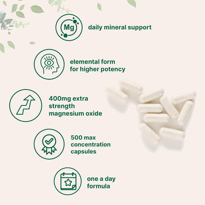 Magnesium Oxide 400mg, 500 Capsules | Elemental Form for Max Concentration | Supports Calm, Muscle & Nerve Health | Non-GMO - PrimeBioHealth - canada supplements