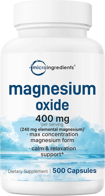 Magnesium Oxide 400mg, 500 Capsules | Elemental Form for Max Concentration | Supports Calm, Muscle & Nerve Health | Non-GMO - PrimeBioHealth - canada supplements