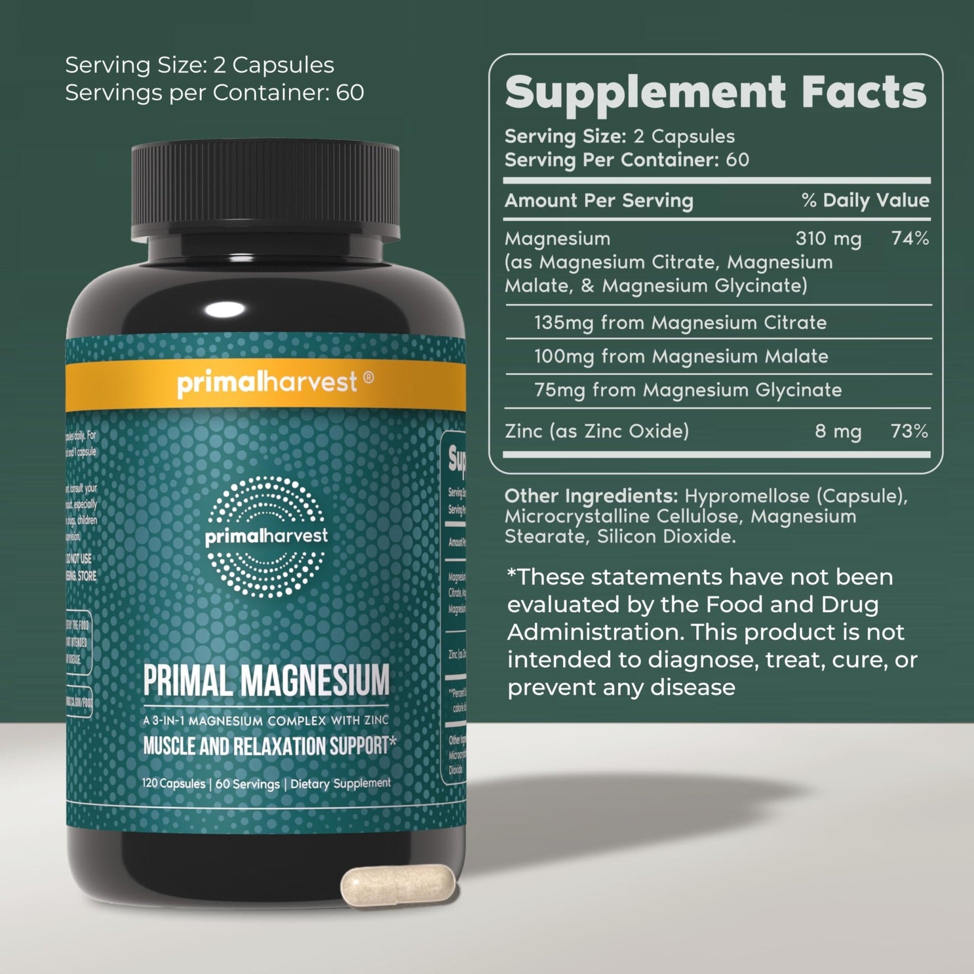 Magnesium Supplement Complex 310mg by Primal Harvest with Magnesium Glycinate, Citrate, Malate, and Zinc 120 Capsules - PrimeBioHealth - canada supplements