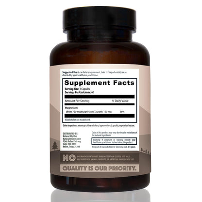 Magnesium Taurate 750mg (150mg Elemental Magnesium) – 120 Vegetarian Capsules – High-Absorption Magnesium Taurate Supplement for Heart, Muscle, and Nerve Support - PrimeBioHealth - canada supplements
