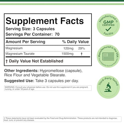 Magnesium Taurate Supplement for Cardiovascular Health to Boost Magnesium Levels (1,500mg per Serving, 210 Vegan Capsules) Non-GMO, Gluten Free - PrimeBioHealth - canada supplements