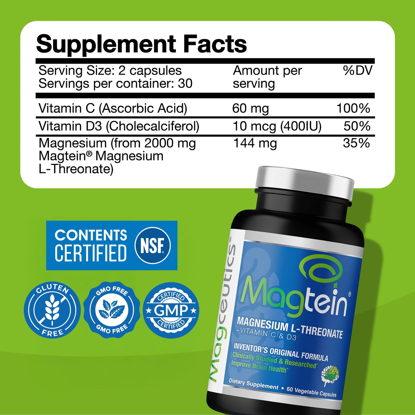 Magtein - Magnesium L-Threonate Supplement, Memory, Focus, Sleep & Brain Health Formula for Men & Women, Cognitive Support for Adults - PrimeBioHealth - canada supplements
