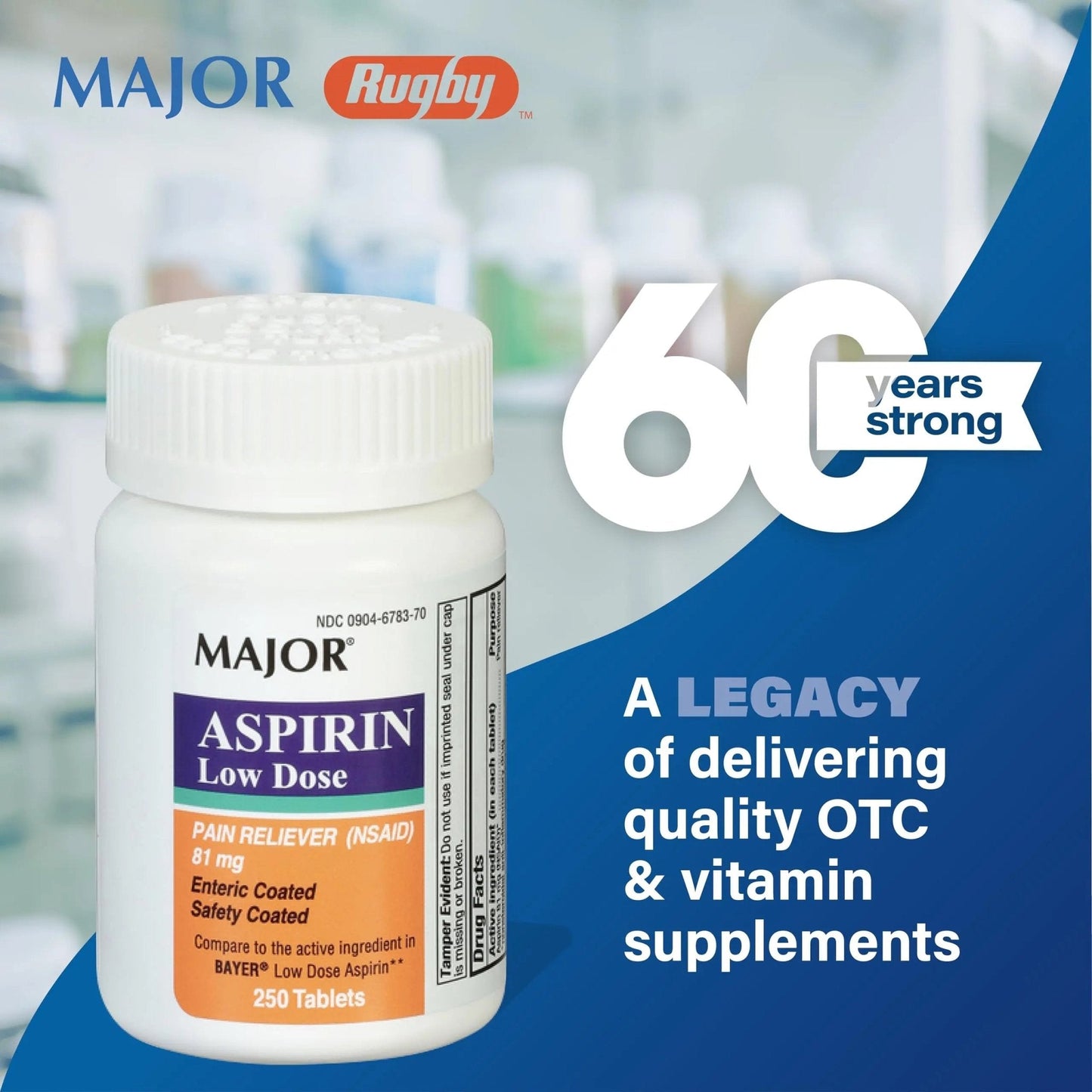 MAJOR Aspirin Low Dose 81 Mg - Pain Reliever (NSAID) - Enteric Coated - 250 Tablets - PrimeBioHealth - canada supplements