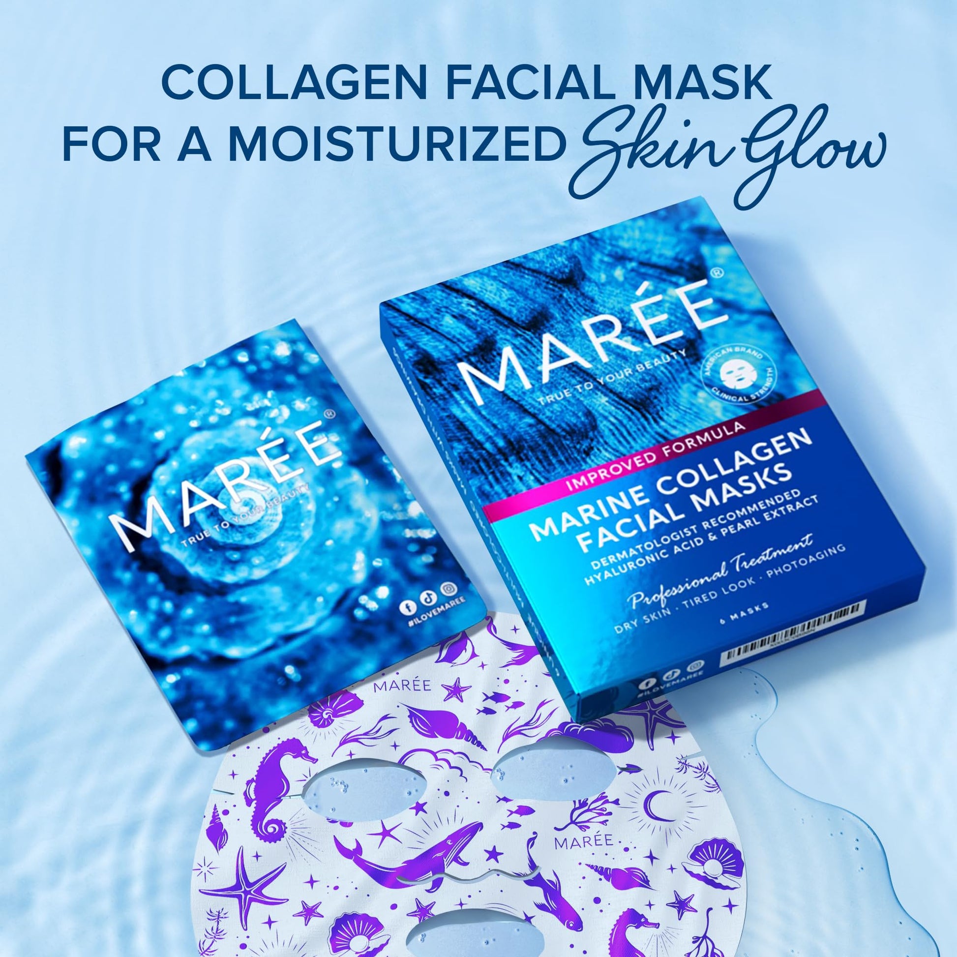 MAREE Collagen Facial Mask with Hyaluronic Acid — Sheet Face Mask Skincare — Centella Asiatica, Green & Red Algae Extract - PrimeBioHealth - canada supplements