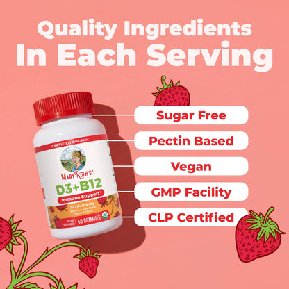 MARYRUTH'S Organic Vitamin D3 + B12 Gummies for Ages 4+ | Bone Health | Immune Support | Energy Metabolism | Cognitive Function | Vegan | Non-GMO - PrimeBioHealth - canada supplements