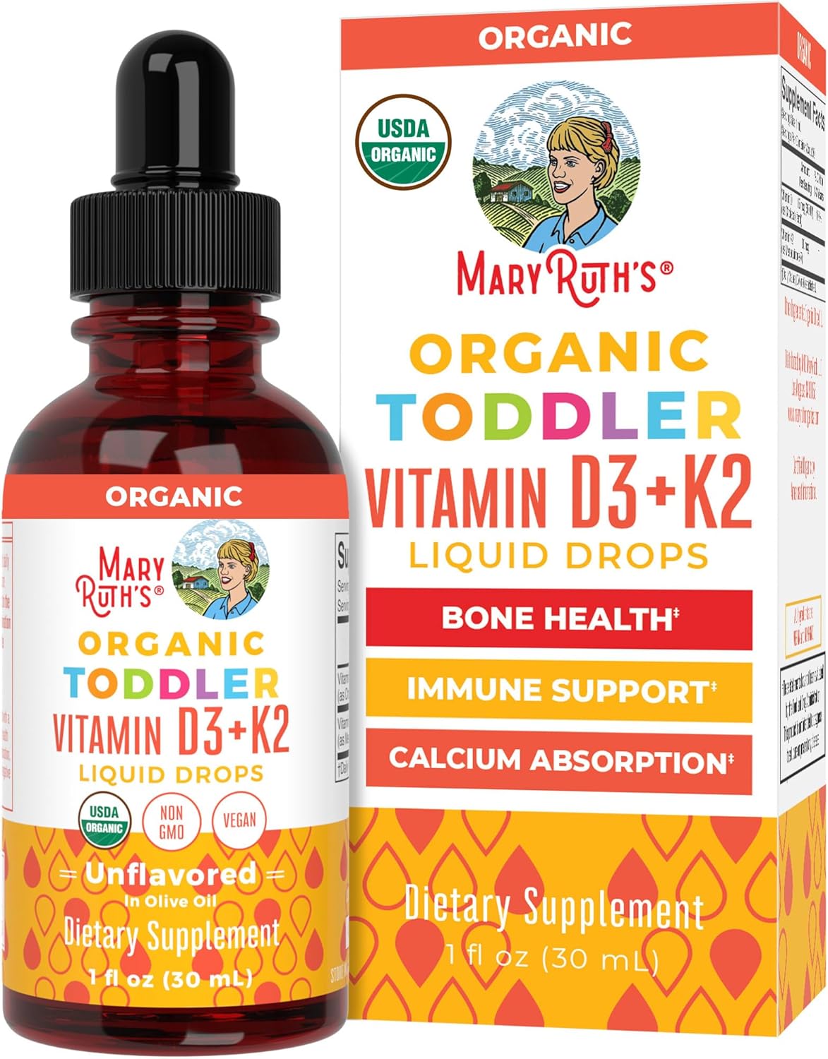 MARYRUTH'S Organics Vitamin D3 | Vitamin K2 | Vitamin D3 K2 Drops | K2 D3 Vitamin Liquid Supplement for Toddlers | Kids Supplement for Calcium Absorption Strong Bones | Vegan | Gluten Free | 1 Fl Oz - PrimeBioHealth - canada supplements