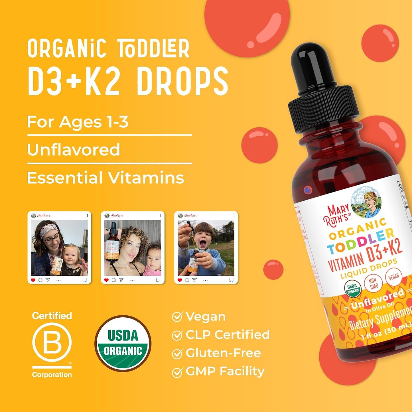 MARYRUTH'S Organics Vitamin D3 | Vitamin K2 | Vitamin D3 K2 Drops | K2 D3 Vitamin Liquid Supplement for Toddlers | Kids Supplement for Calcium Absorption Strong Bones | Vegan | Gluten Free | 1 Fl Oz - PrimeBioHealth - canada supplements