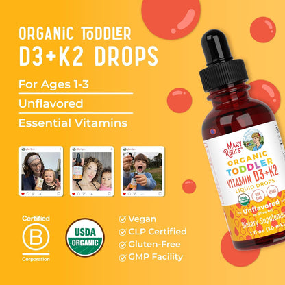 MARYRUTH'S Organics Vitamin D3 | Vitamin K2 | Vitamin D3 K2 Drops | K2 D3 Vitamin Liquid Supplement for Toddlers | Kids Supplement for Calcium Absorption Strong Bones | Vegan | Gluten Free | 1 Fl Oz - PrimeBioHealth - canada supplements