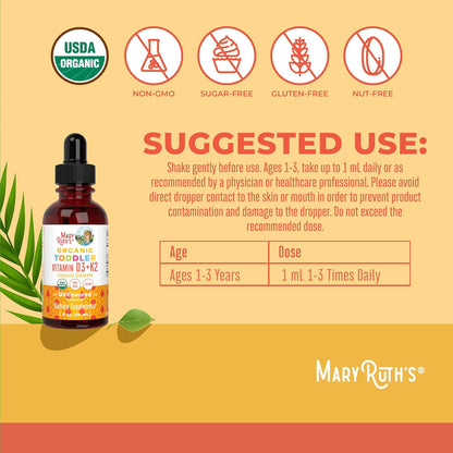 MARYRUTH'S Organics Vitamin D3 | Vitamin K2 | Vitamin D3 K2 Drops | K2 D3 Vitamin Liquid Supplement for Toddlers | Kids Supplement for Calcium Absorption Strong Bones | Vegan | Gluten Free | 1 Fl Oz - PrimeBioHealth - canada supplements