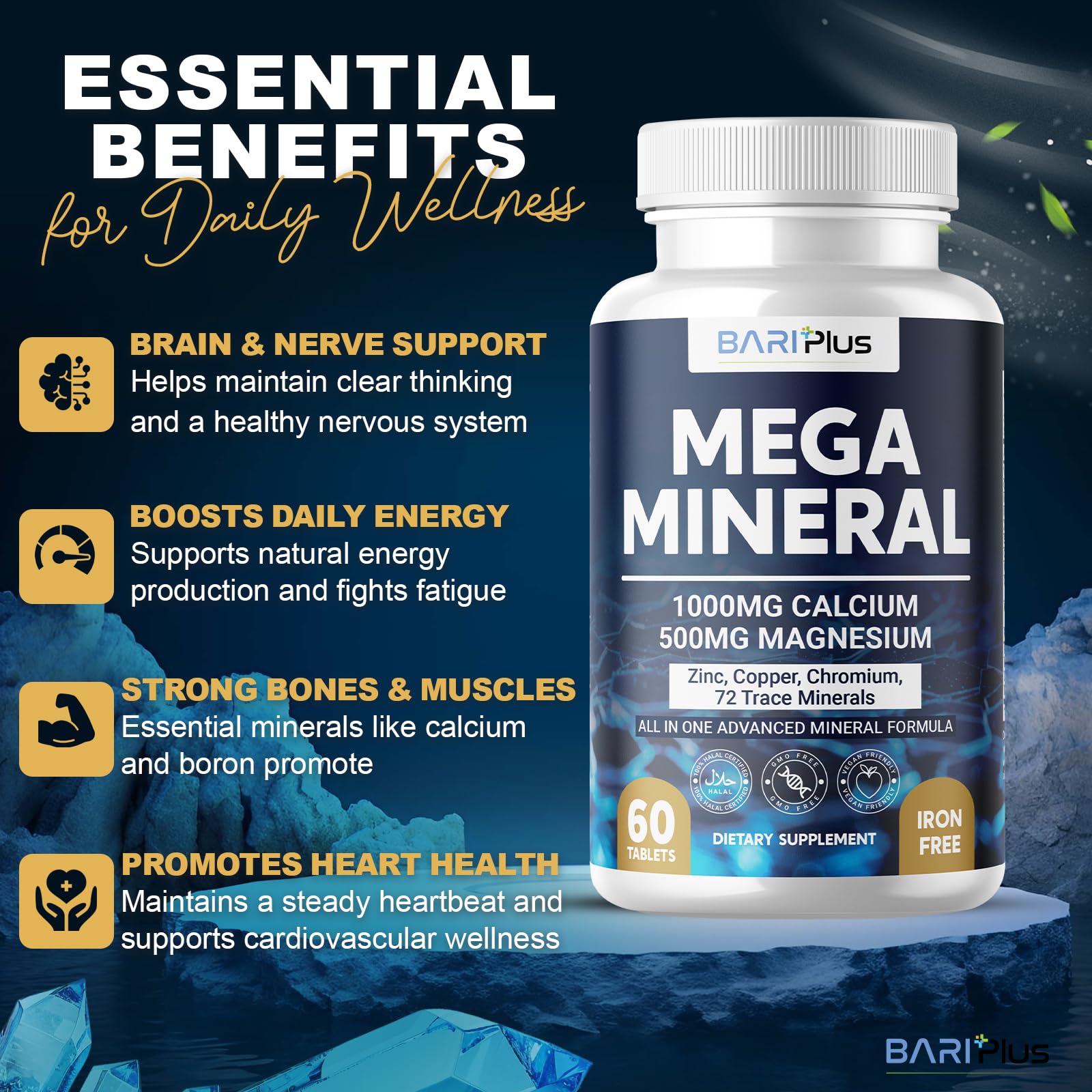 Mega Mineral – Complete Complex with Vitamin D, Calcium, Magnesium, Zinc, Potassium, Boron, Selenium, Chromium & Trace Minerals – Iron-Free – USA Made – 60 Tablets - PrimeBioHealth - canada supplements