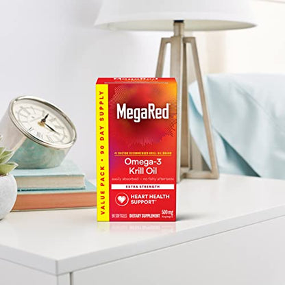 MegaRed Antarctic Krill Oil 500mg Omega 3 Fatty Acid Supplement, Extra Strength EPA & DHA Krill Oil Softgels (90cnt Box), Astaxanthin - PrimeBioHealth - canada supplements