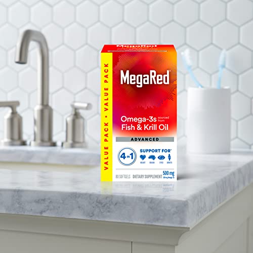 Megared Omega-3 Fish Oil + High Absorption Krill Oil 500mg Softgels, MegaRed Advanced 4in1 (80 count in a bottle) Concentrated Omega-3 Fish - PrimeBioHealth - canada supplements