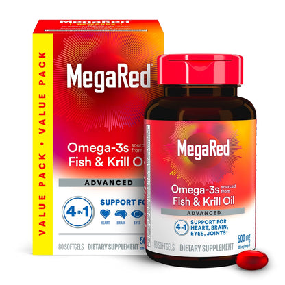 Megared Omega-3 Fish Oil + High Absorption Krill Oil 500mg Softgels, MegaRed Advanced 4in1 (80 count in a bottle) Concentrated Omega-3 Fish - PrimeBioHealth - canada supplements