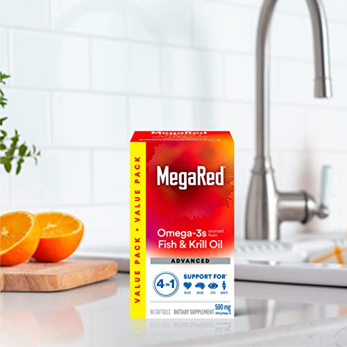 Megared Omega-3 Fish Oil + High Absorption Krill Oil 500mg Softgels, MegaRed Advanced 4in1 (80 count in a bottle) Concentrated Omega-3 Fish - PrimeBioHealth - canada supplements