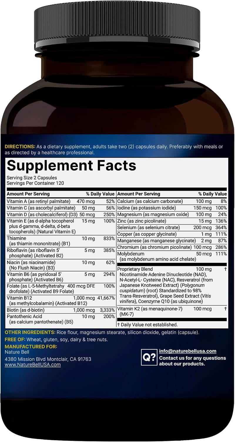 Methylated Multivitamin for Men and Women, 240 Capsules | 27-in-1 Formula with Vitamins B Complex, C, D3, K2, NAD, NAC, CoQ10, Resveratrol, Magnesium, Zinc & More | Daily Essential Vitamins - PrimeBioHealth - canada supplements