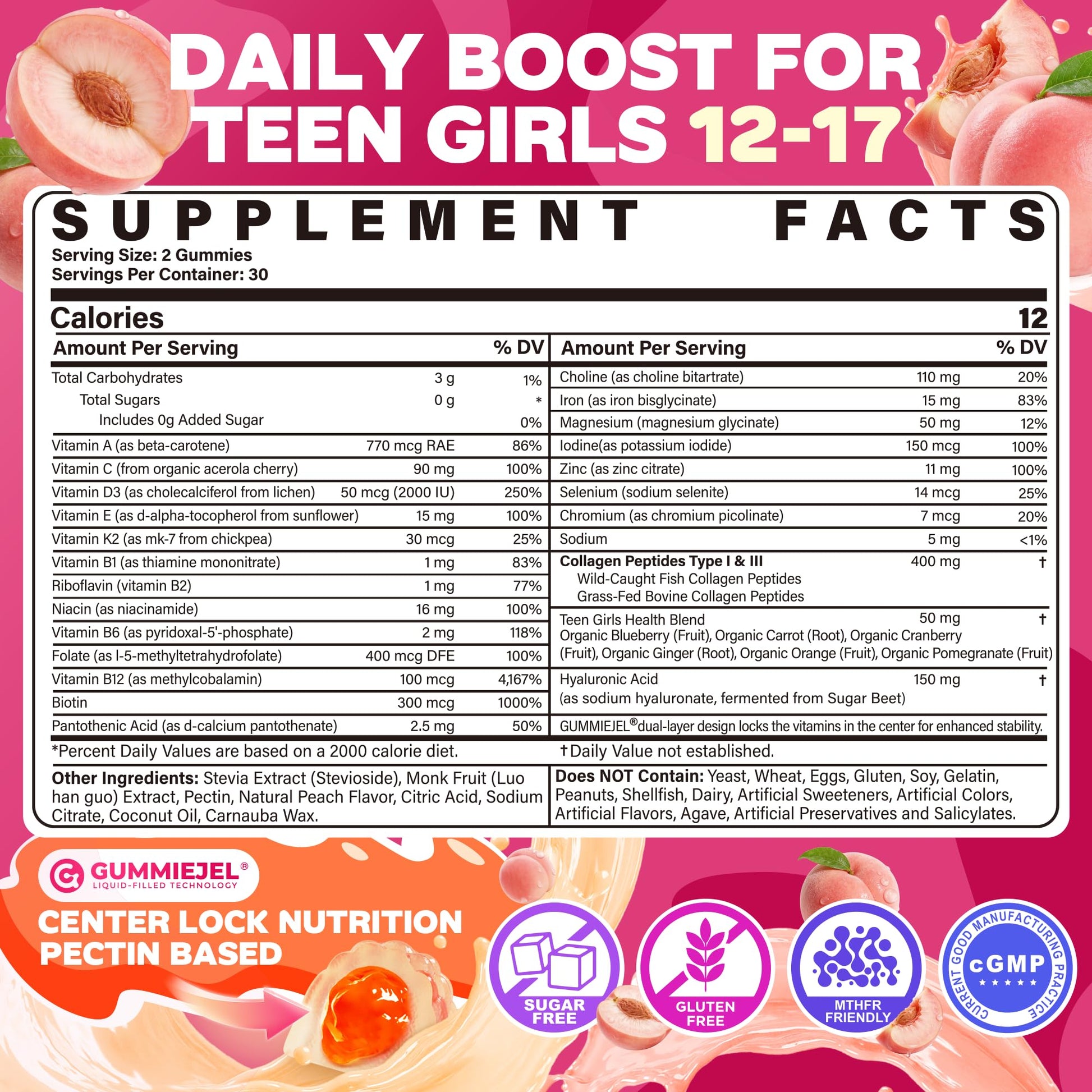 Methylated Multivitamin Gummies for Teen Girls 12-17, Methylfolate, Iron, Collagen, D3 K2, Magnesium, Zinc, Daily Vitamins A C E, B Complex for Teenager Growth, Skin, Bone, Energy - Sugar Free, 60 Cts - PrimeBioHealth - canada supplements