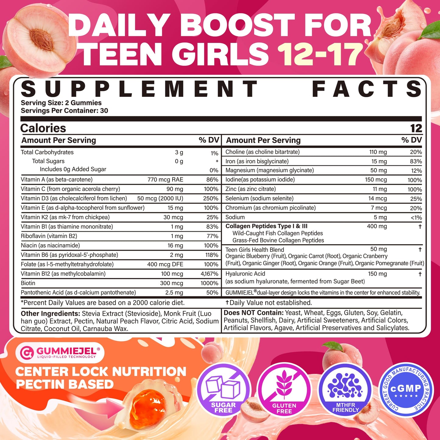 Methylated Multivitamin Gummies for Teen Girls 12-17, Methylfolate, Iron, Collagen, D3 K2, Magnesium, Zinc, Daily Vitamins A C E, B Complex for Teenager Growth, Skin, Bone, Energy - Sugar Free, 60 Cts - PrimeBioHealth - canada supplements
