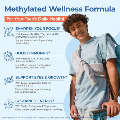 Methylated Multivitamin Gummies for Teens & Kids with Methylfolate, Methyl B12 & Omega3, Teen Vitamins for Boys & Girls 10-19 with Multi-Minerals for Teenager Focus, Energy, Growth, Skin, Eyes, Immune - PrimeBioHealth - canada supplements