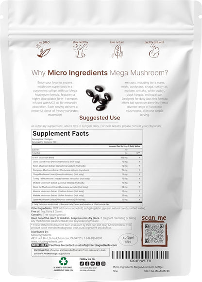 Micro Ingredients 10‑in‑1 Mega Mushroom Complex Supplement – Lions Mane, Cordyceps, Reishi, Chaga & More – 240 Softgels with MCT Oil – 4 Month Supply – Adaptogenic Functional Mushroom Blend - PrimeBioHealth - canada supplements